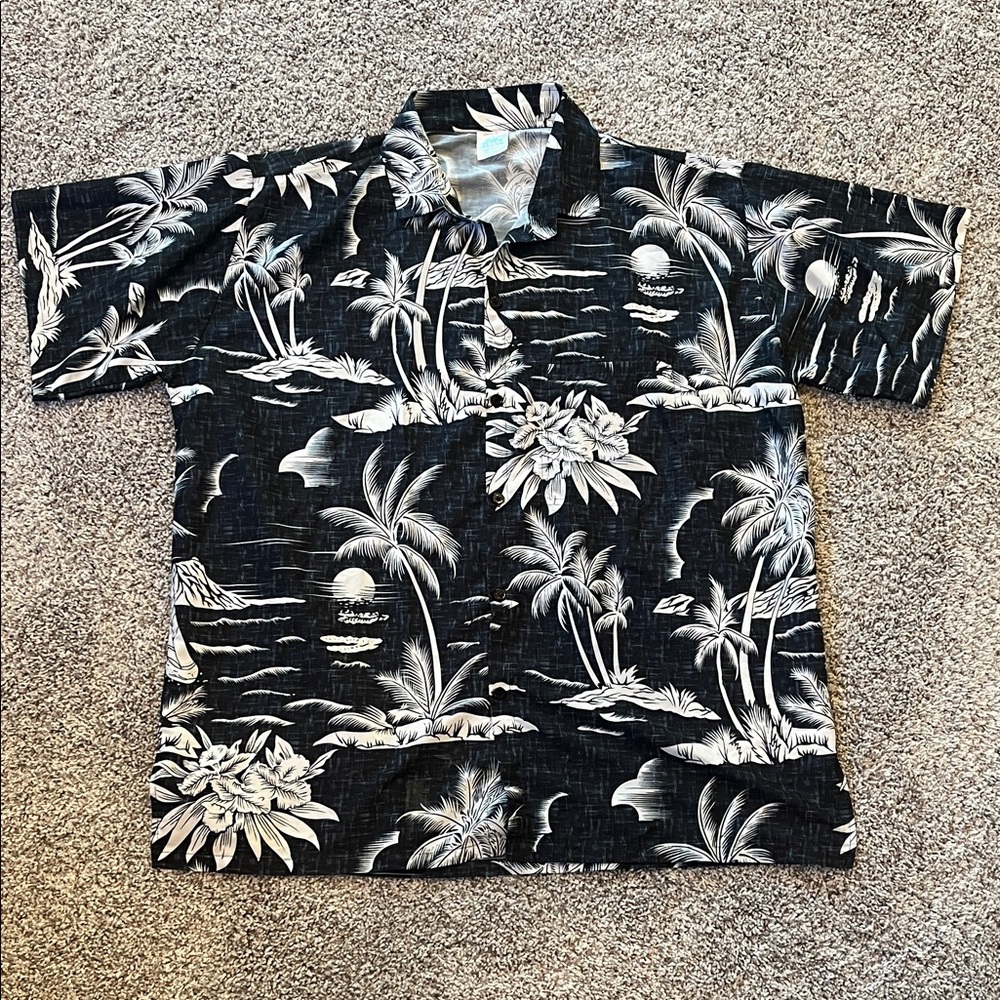 Navy Blue and White Hawaiian Shirt